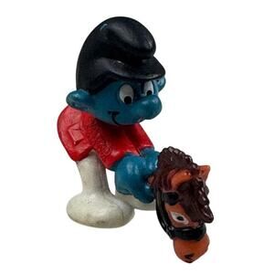 Vintage 1980 Smurfs Schleich Equestrian Smurf on Hobby Horse Figurine Hong Kong